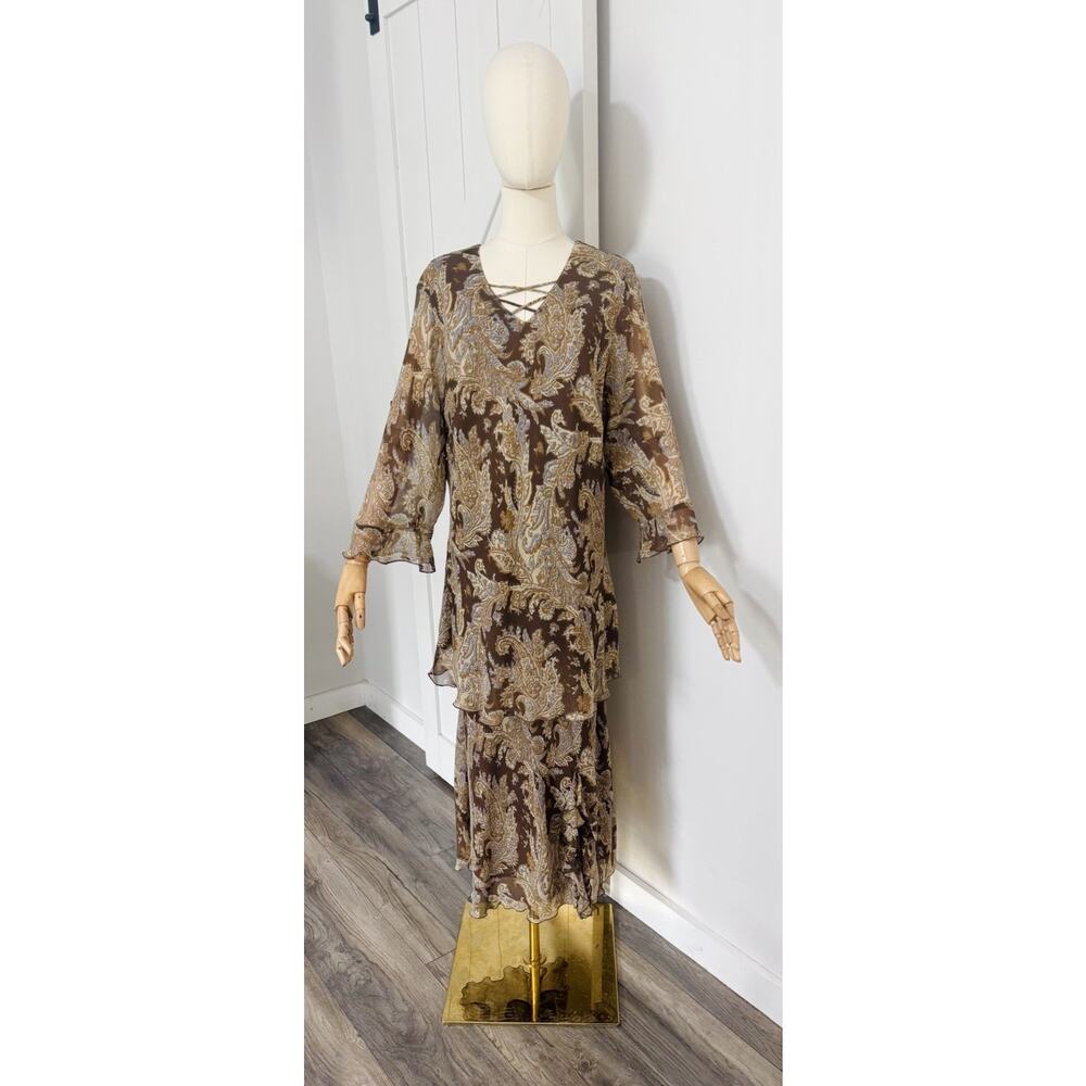 Vtg Avenue Size 18/20 Brown Paisley 100% Silk 2 Piece Blouse Skirt Set Y2K